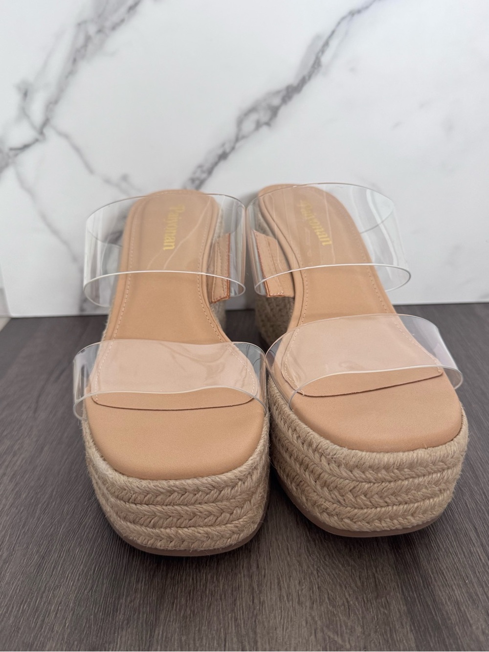 Clear Double-Strap Espadrille Platform Wedges in Tan